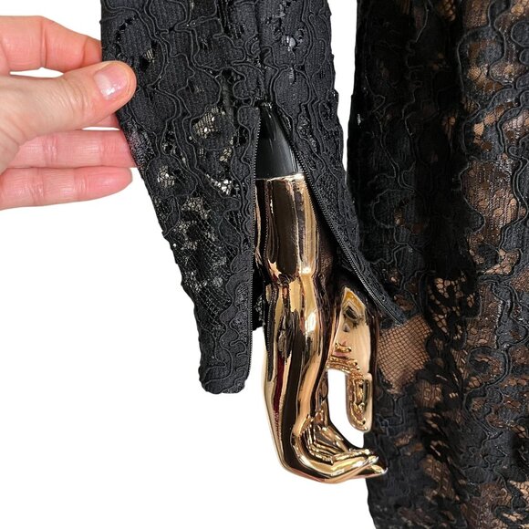 Michael Kors Lace Dress Black Puff Sleeve Nude Lining Floral Overlay Party SZ 4 - Picture 10 of 14